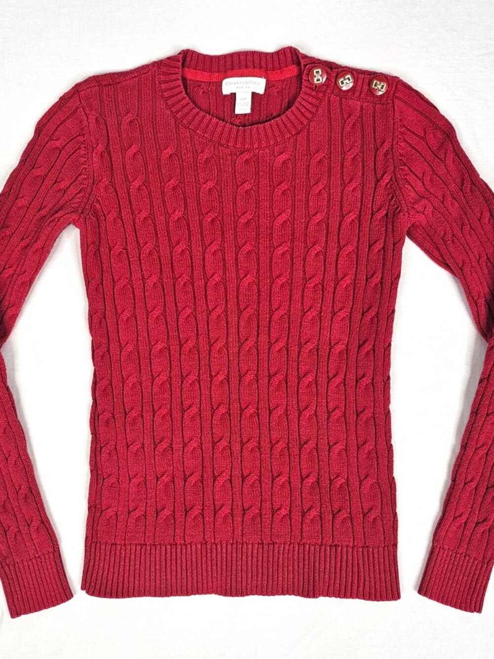 Charter Club | Red Cable Knit Cotton Sweater | Gold Buttons | Petite P
